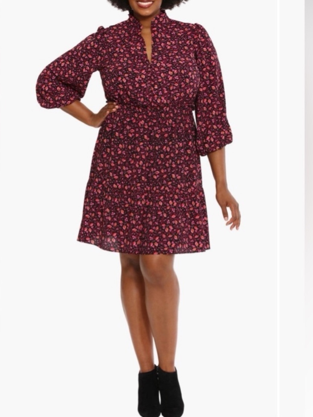 London Times Floral Smocked Waist Long Sleeve Dress - Burgundy with Pink Accents